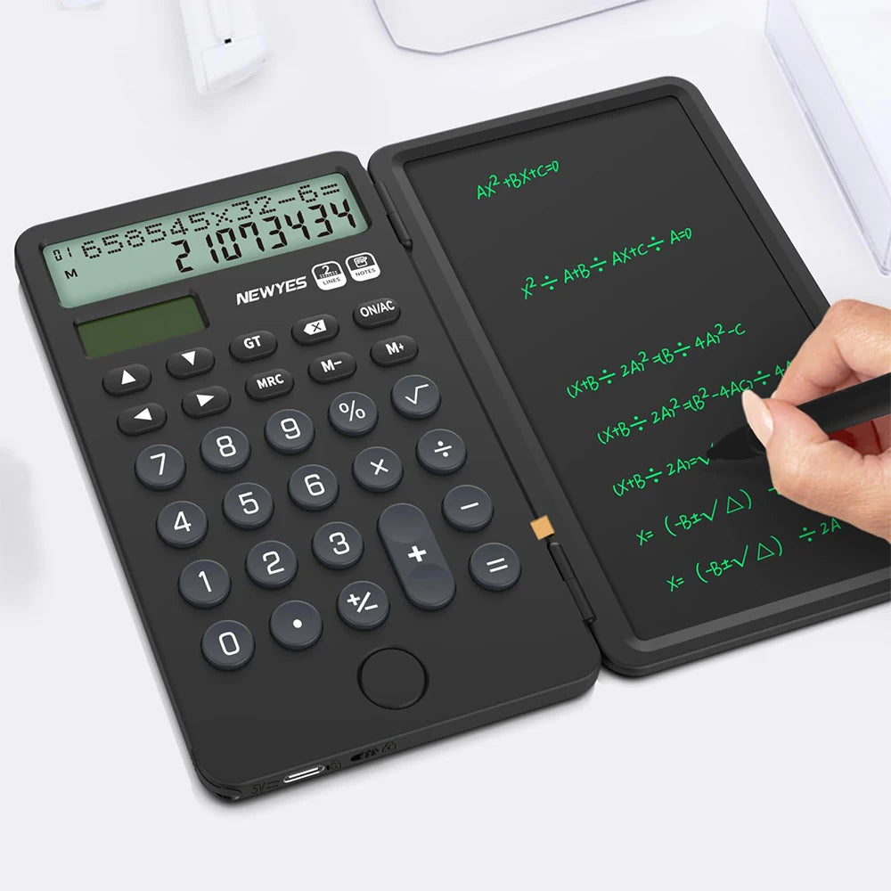 Calculadora Portátil Recarregável com Bloco de Notas LCD – Ecrã Grande de 12 Dígitos, Alimentação Solar e Bateria