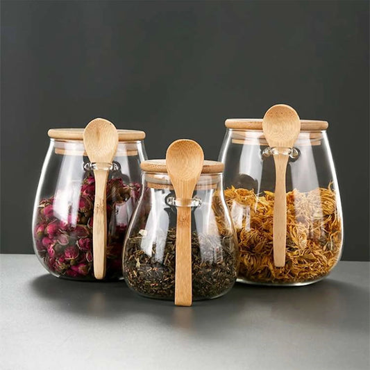 Pote Hermético de Vidro com Tampa de Bambu para Mantimentos
