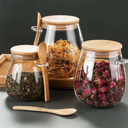 Pote Hermético de Vidro com Tampa de Bambu para Mantimentos