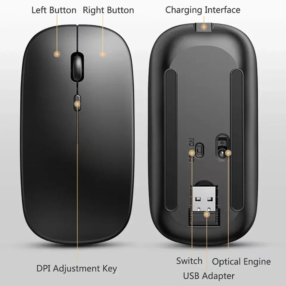 Mouse Sem Fio Bluetooth e USB 2.4GHz Ergonómico Recarregável 1600 DPI com 6 Botões para PC e Portátil