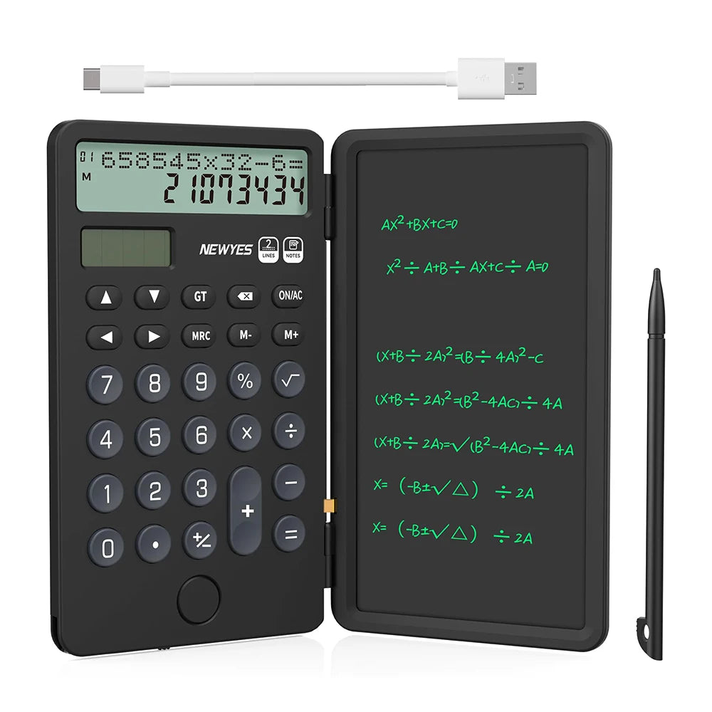 Calculadora Portátil Recarregável com Bloco de Notas LCD – Ecrã Grande de 12 Dígitos, Alimentação Solar e Bateria