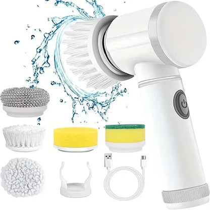 Escova Elétrica Rotativa sem Fios para Limpeza | Recarregável com 5 Escovas para Casa de Banho, Cozinha e Azulejos