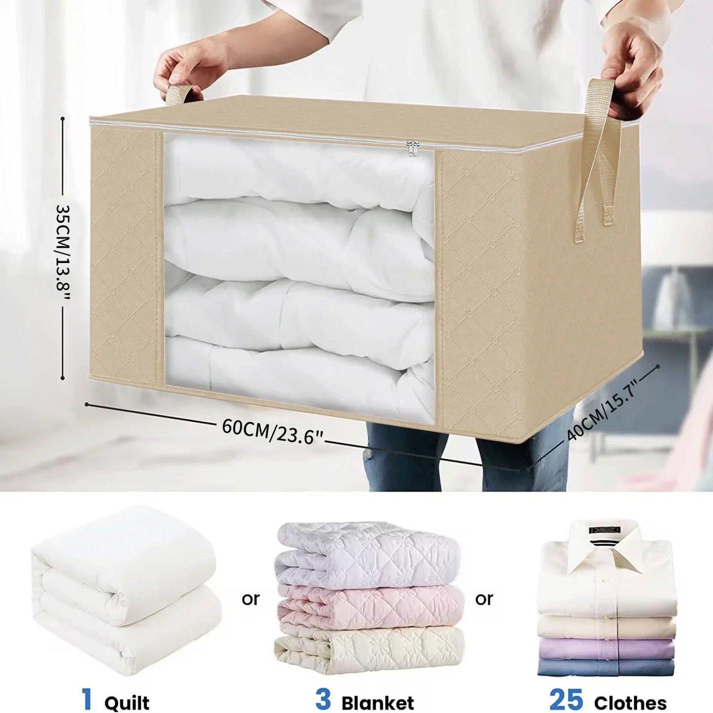 Saco Organizador Dobrável para Roupas, Edredões e Cobertores – Bolsa de Arrumação em Poliéster com Grande Capacidade