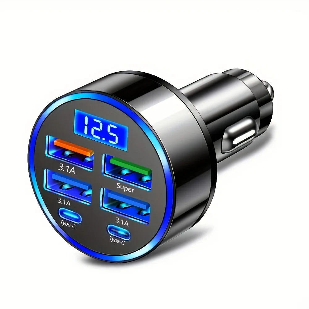 Carregador Automóvel 6 em 1 com Carregamento Rápido 3.1A – USB e USB-C com Visor Digital LED