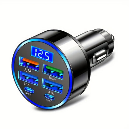 Carregador Automóvel 6 em 1 com Carregamento Rápido 3.1A – USB e USB-C com Visor Digital LED