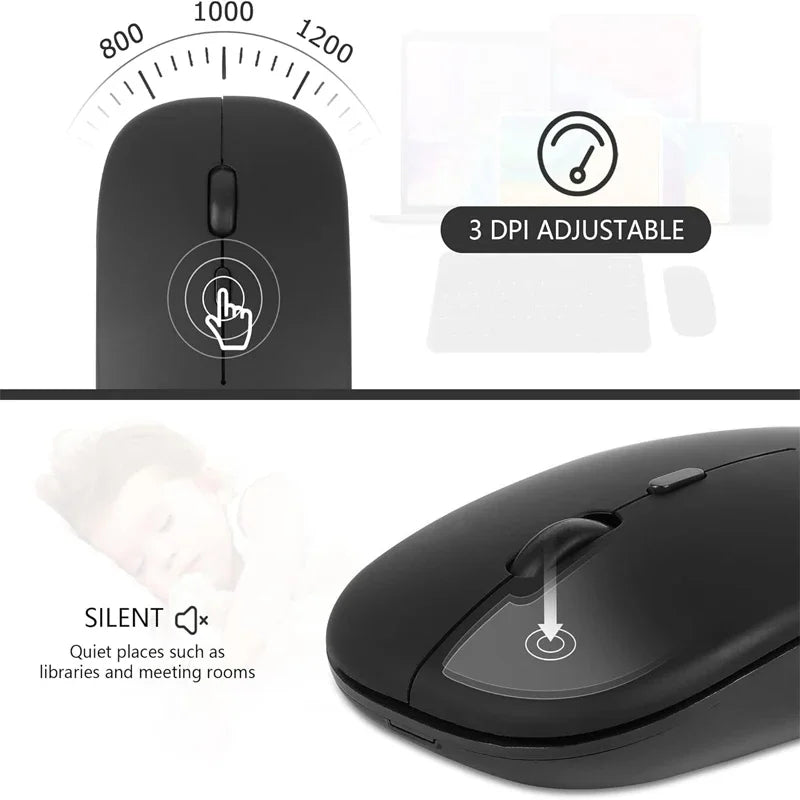 Mouse Sem Fio Bluetooth e USB 2.4GHz Ergonómico Recarregável 1600 DPI com 6 Botões para PC e Portátil