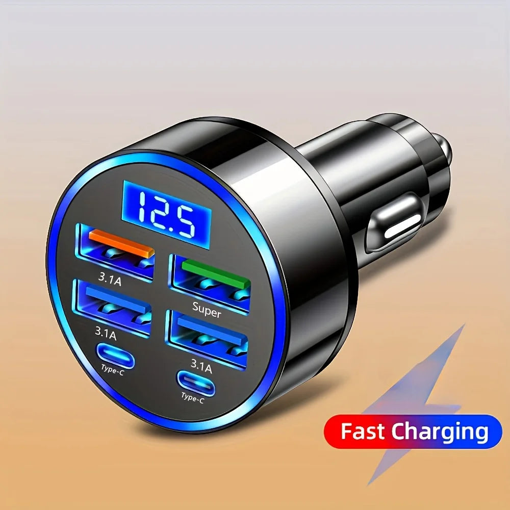 Carregador Automóvel 6 em 1 com Carregamento Rápido 3.1A – USB e USB-C com Visor Digital LED