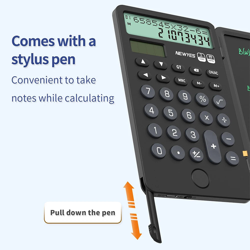 Calculadora Portátil Recarregável com Bloco de Notas LCD – Ecrã Grande de 12 Dígitos, Alimentação Solar e Bateria