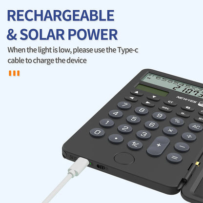 Calculadora Portátil Recarregável com Bloco de Notas LCD – Ecrã Grande de 12 Dígitos, Alimentação Solar e Bateria