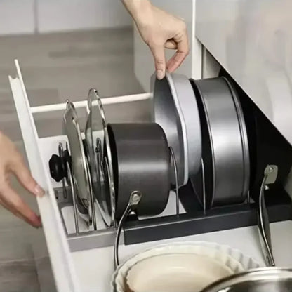 Organizador Expansível para Panelas e Tampas – Suporte Ajustável para Armário de Cozinha (6 Divisórias)