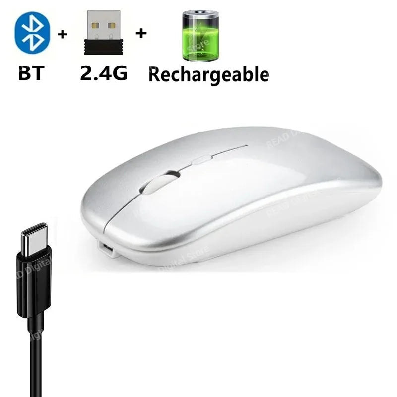 Mouse Sem Fio Bluetooth e USB 2.4GHz Ergonómico Recarregável 1600 DPI com 6 Botões para PC e Portátil