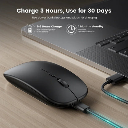 Mouse Sem Fio Bluetooth e USB 2.4GHz Ergonómico Recarregável 1600 DPI com 6 Botões para PC e Portátil