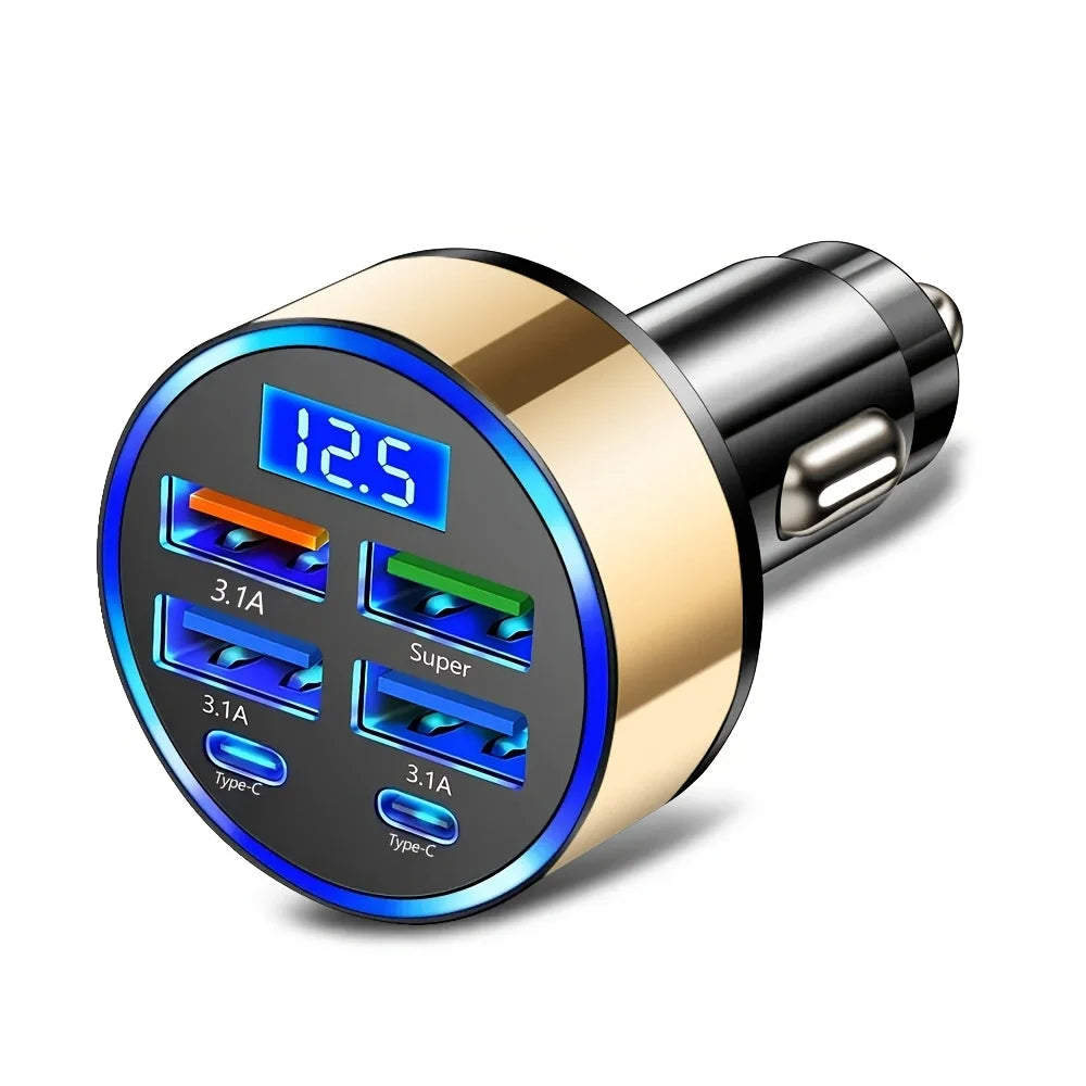 Carregador Automóvel 6 em 1 com Carregamento Rápido 3.1A – USB e USB-C com Visor Digital LED
