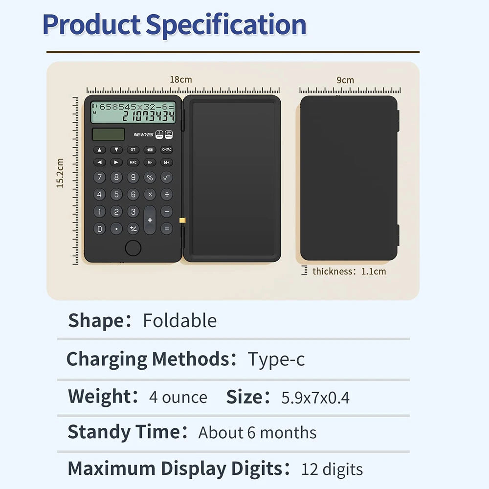 Calculadora Portátil Recarregável com Bloco de Notas LCD – Ecrã Grande de 12 Dígitos, Alimentação Solar e Bateria