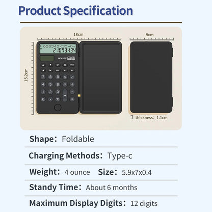 Calculadora Portátil Recarregável com Bloco de Notas LCD – Ecrã Grande de 12 Dígitos, Alimentação Solar e Bateria
