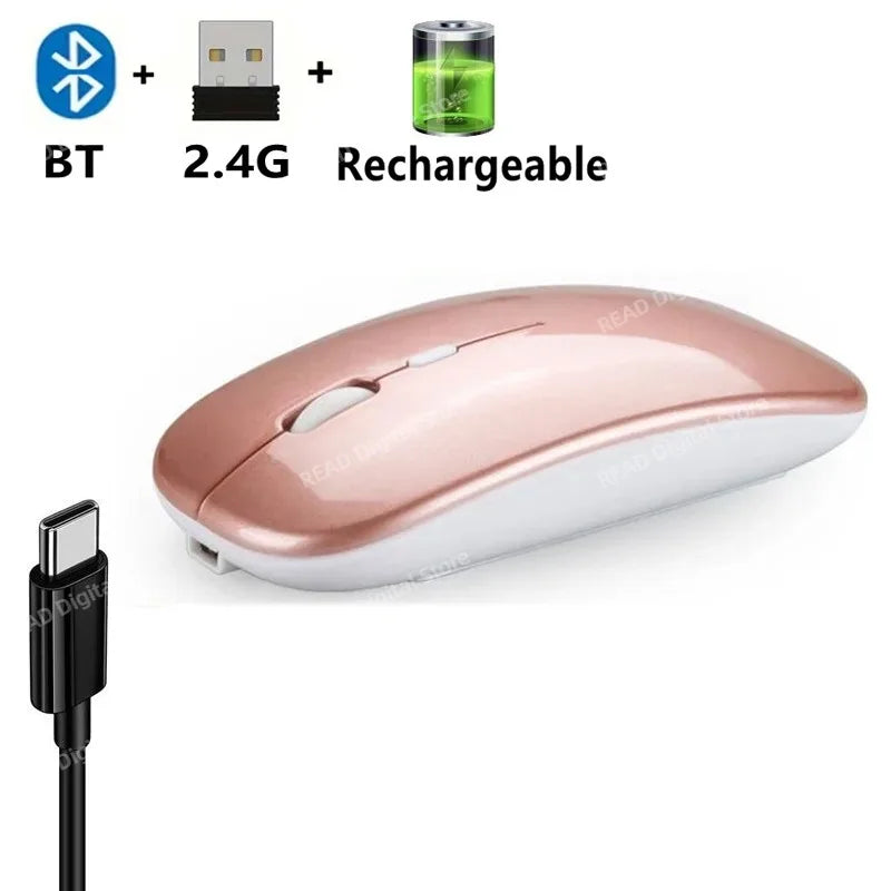 Mouse Sem Fio Bluetooth e USB 2.4GHz Ergonómico Recarregável 1600 DPI com 6 Botões para PC e Portátil