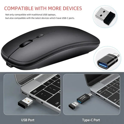 Mouse Sem Fio Bluetooth e USB 2.4GHz Ergonómico Recarregável 1600 DPI com 6 Botões para PC e Portátil