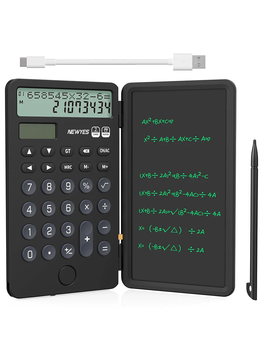 Calculadora Portátil Recarregável com Bloco de Notas LCD – Ecrã Grande de 12 Dígitos, Alimentação Solar e Bateria