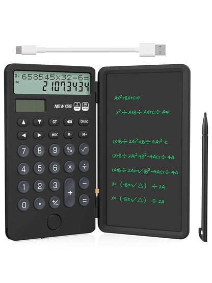 Calculadora Portátil Recarregável com Bloco de Notas LCD – Ecrã Grande de 12 Dígitos, Alimentação Solar e Bateria