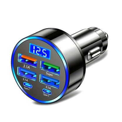Carregador Automóvel 6 em 1 com Carregamento Rápido 3.1A – USB e USB-C com Visor Digital LED
