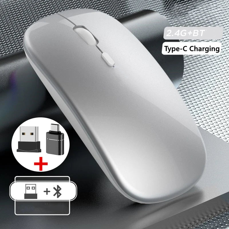 Mouse Sem Fio Bluetooth e USB 2.4GHz Ergonómico Recarregável 1600 DPI com 6 Botões para PC e Portátil