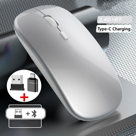 Mouse Sem Fio Bluetooth e USB 2.4GHz Ergonómico Recarregável 1600 DPI com 6 Botões para PC e Portátil