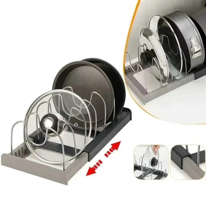 Organizador Expansível para Panelas e Tampas – Suporte Ajustável para Armário de Cozinha (6 Divisórias)