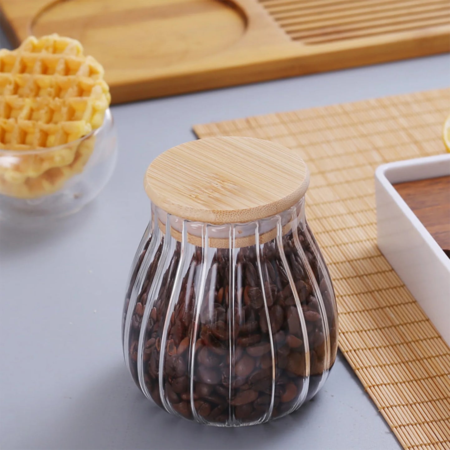 Pote Hermético de Vidro com Tampa de Bambu para Mantimentos